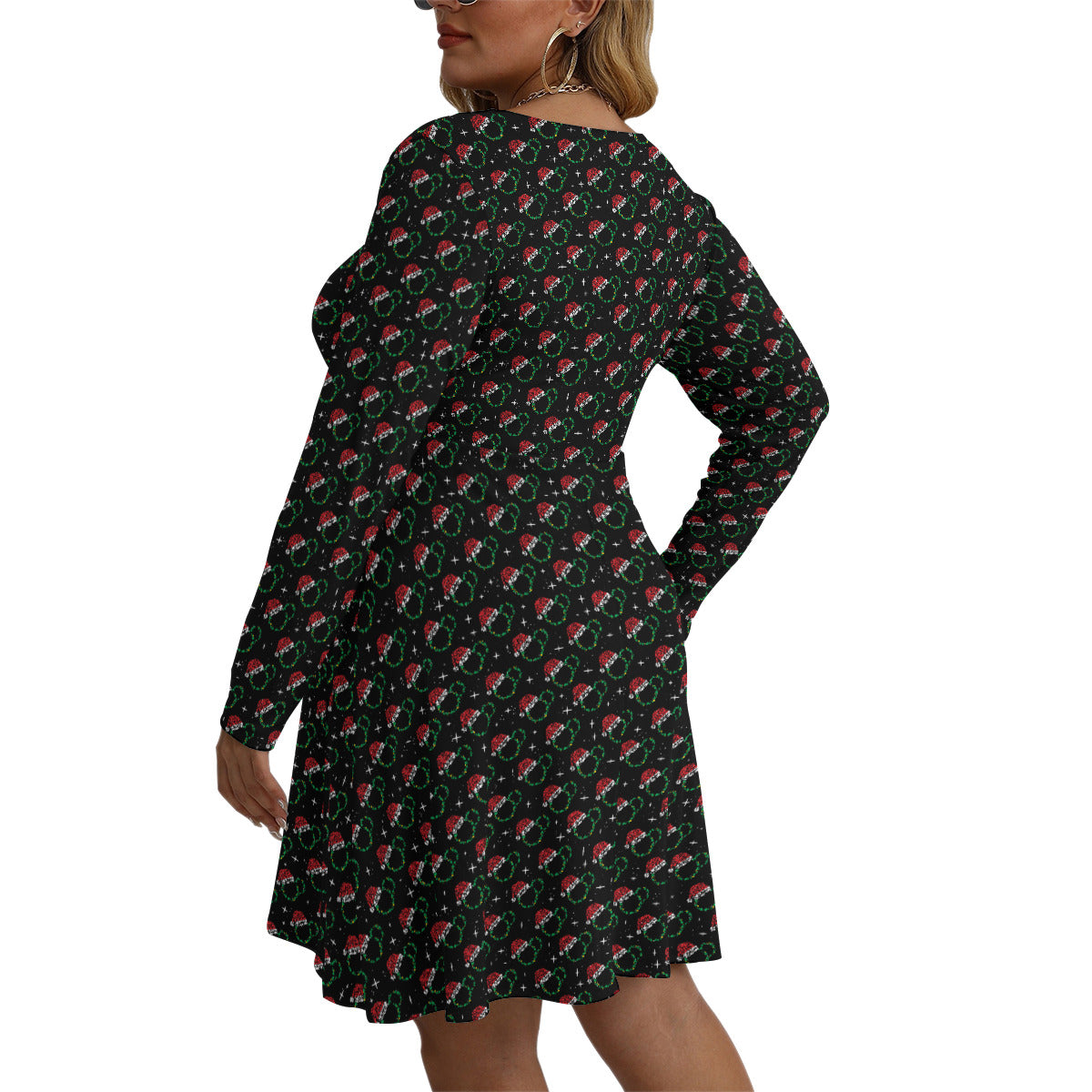 Christmas Plus Size Women's V-neck Long Sleeve Dress