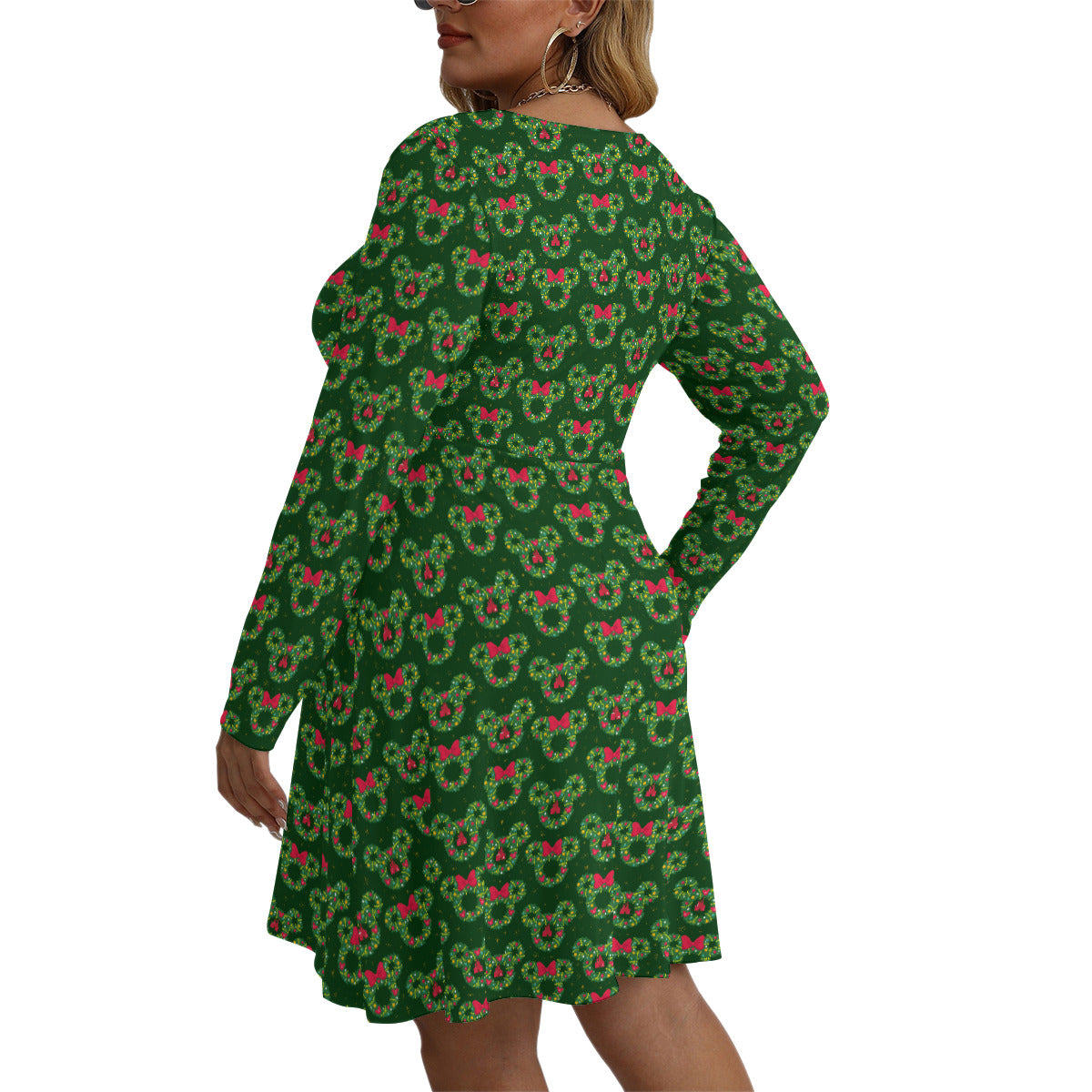 Christmas Wreaths Plus Size Women's V-neck Long Sleeve Dress