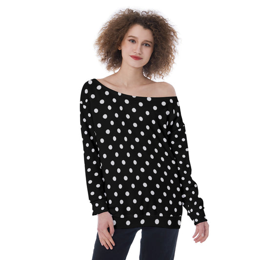 Black With White Polka Dots Oversized Women's Off-Shoulder Sweatshirt