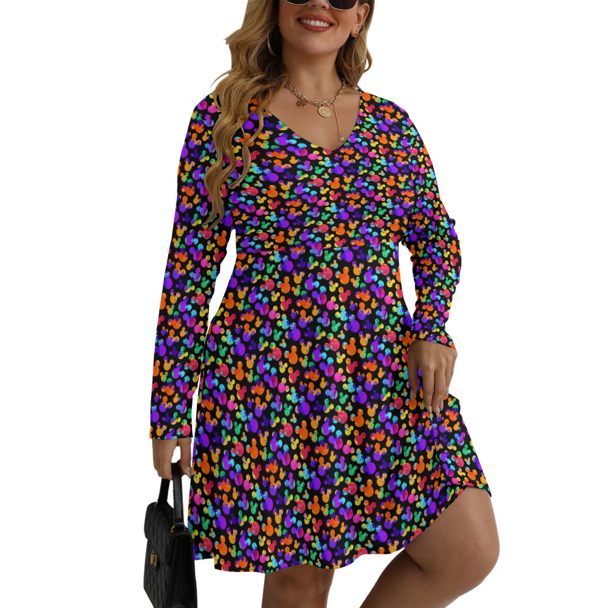 Watercolor Plus Size Women's V-neck Long Sleeve Dress