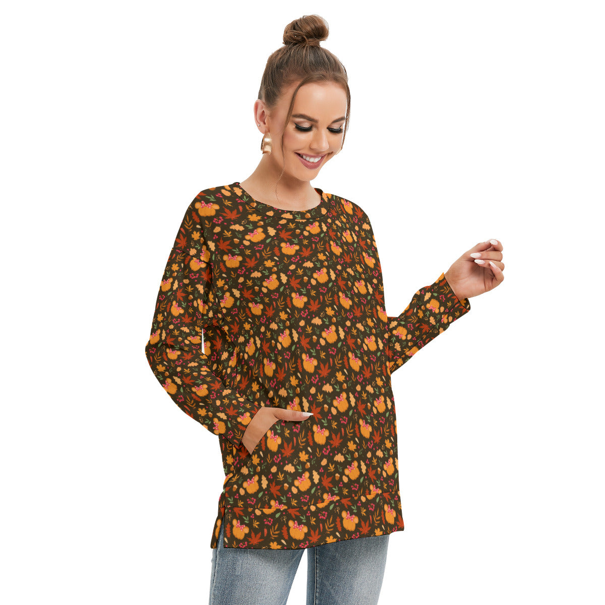 Fall Pumpkins Women's Side Split O-neck Sweatshirt With Pockets