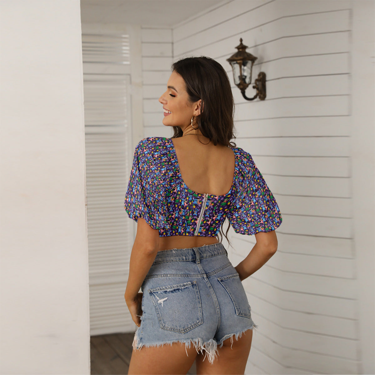 Island Friends Women's Square Collar Cropped Top With Puff Sleeve