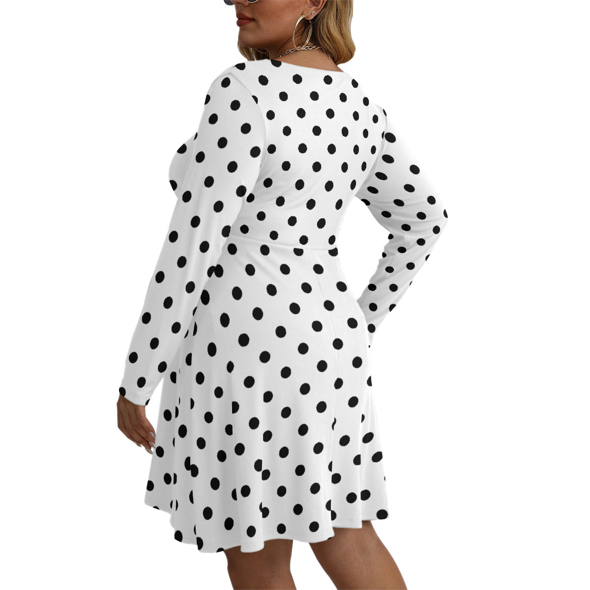 White With Black Polka Dots Plus Size Women's V-neck Long Sleeve Dress