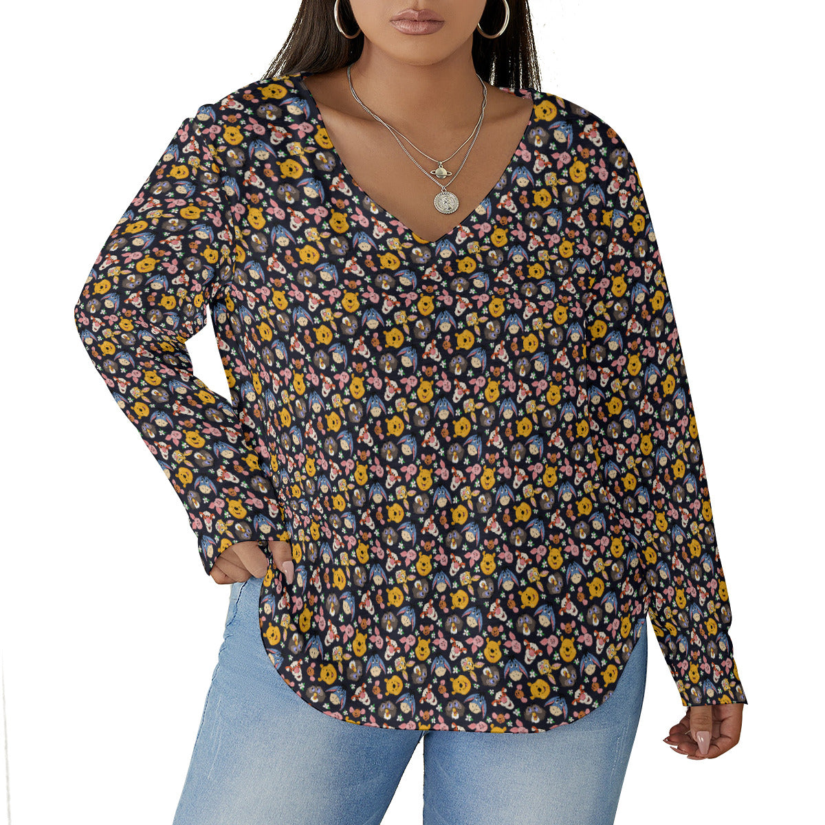 Hundre Acre Wood Friends Women's Plus Size V-Neck T-Shirt With Curved Hem