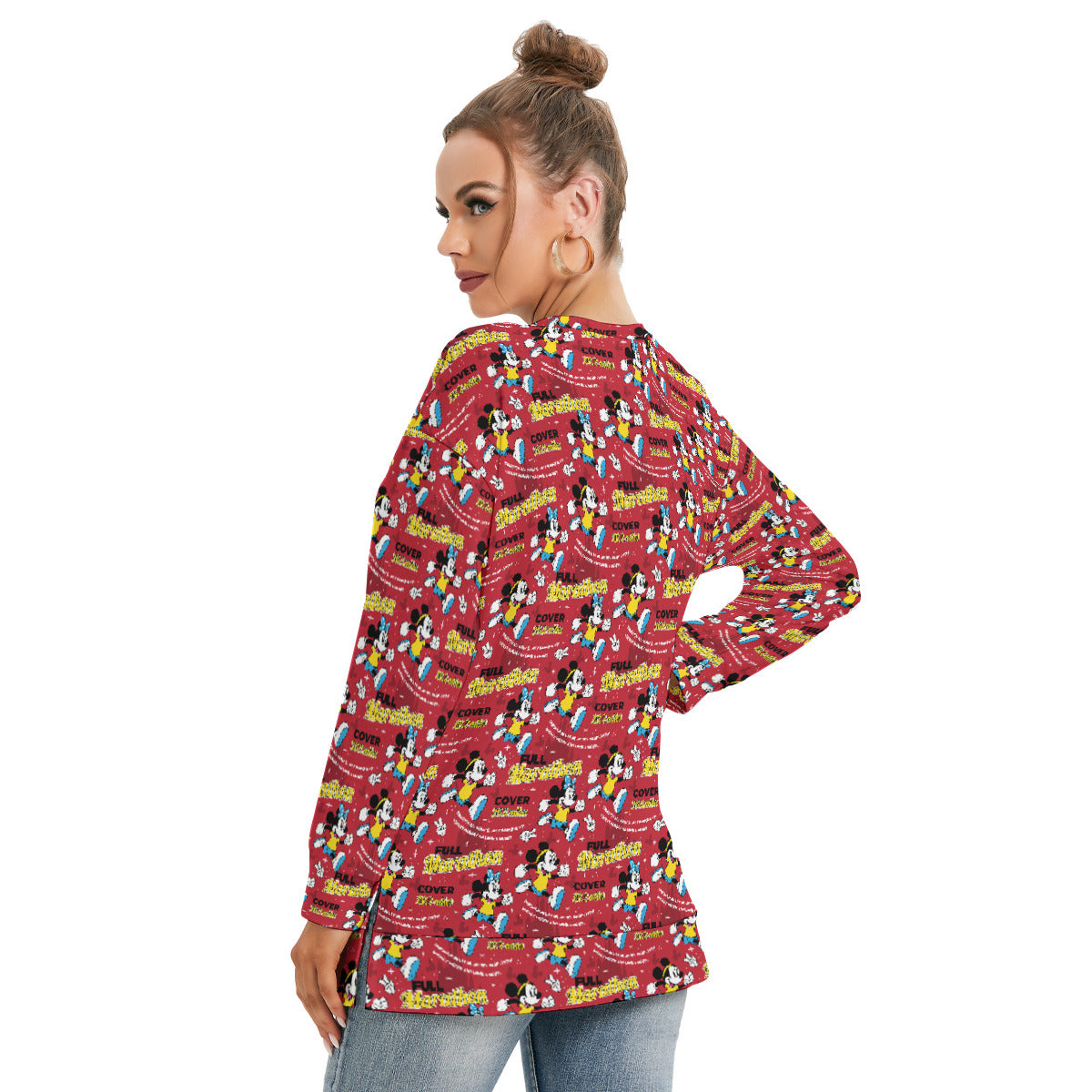 Mickey And Minnie Marathon Women's Side Split O-neck Sweatshirt With Pockets