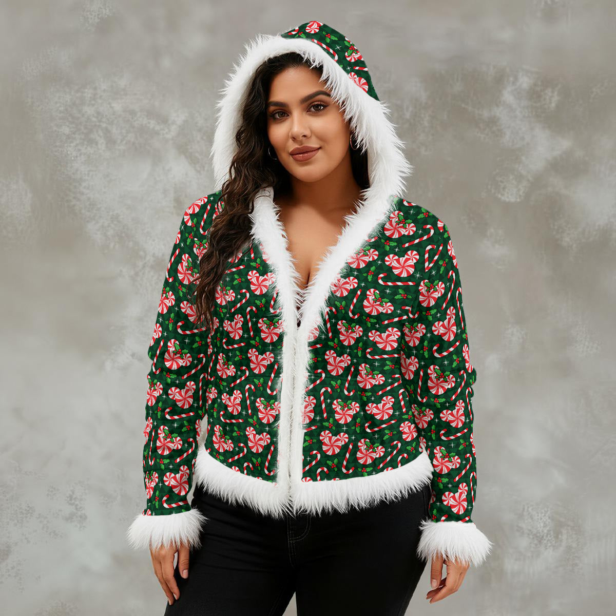 Christmas Peppermint Women's Faux Fur Trim Hooded Jacket