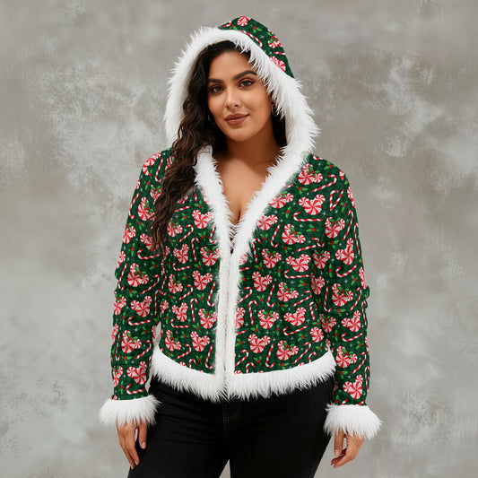 Christmas Peppermint Women's Faux Fur Trim Hooded Jacket