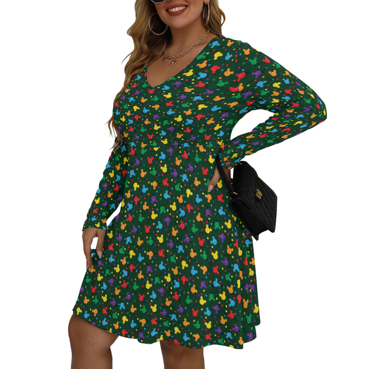 Christmas Lights Plus Size Women's V-neck Long Sleeve Dress