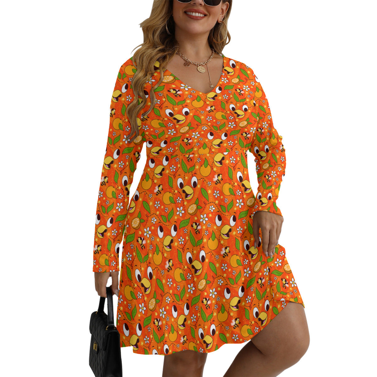 Orange Bird Plus Size Women's V-neck Long Sleeve Dress