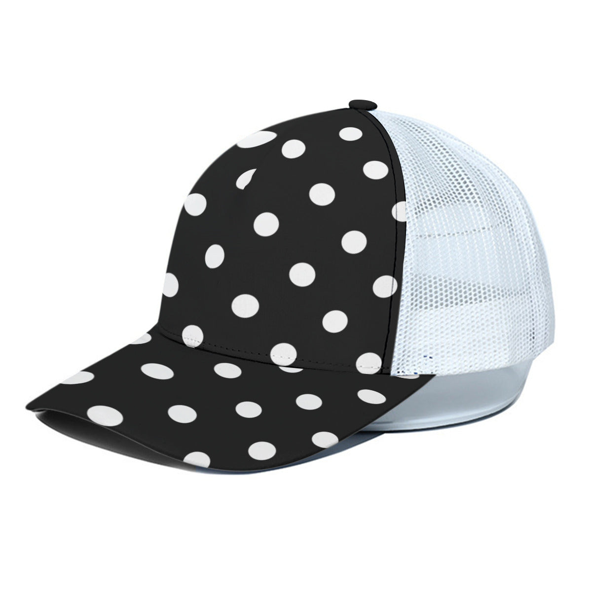 Black With White Polka Dots Unisex Trucker Hat With White Half Mesh