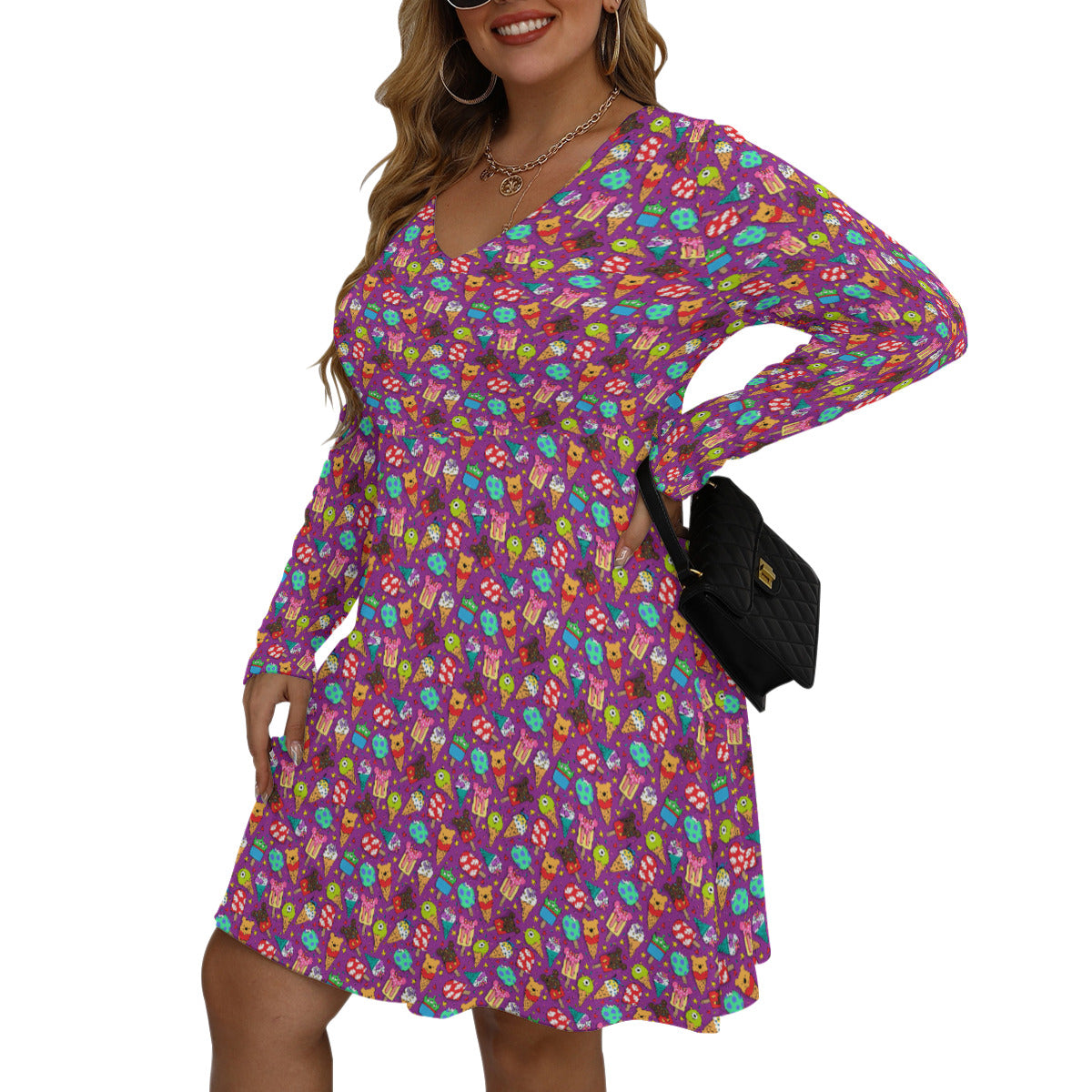 Ice Cream Plus Size Women's V-neck Long Sleeve Dress