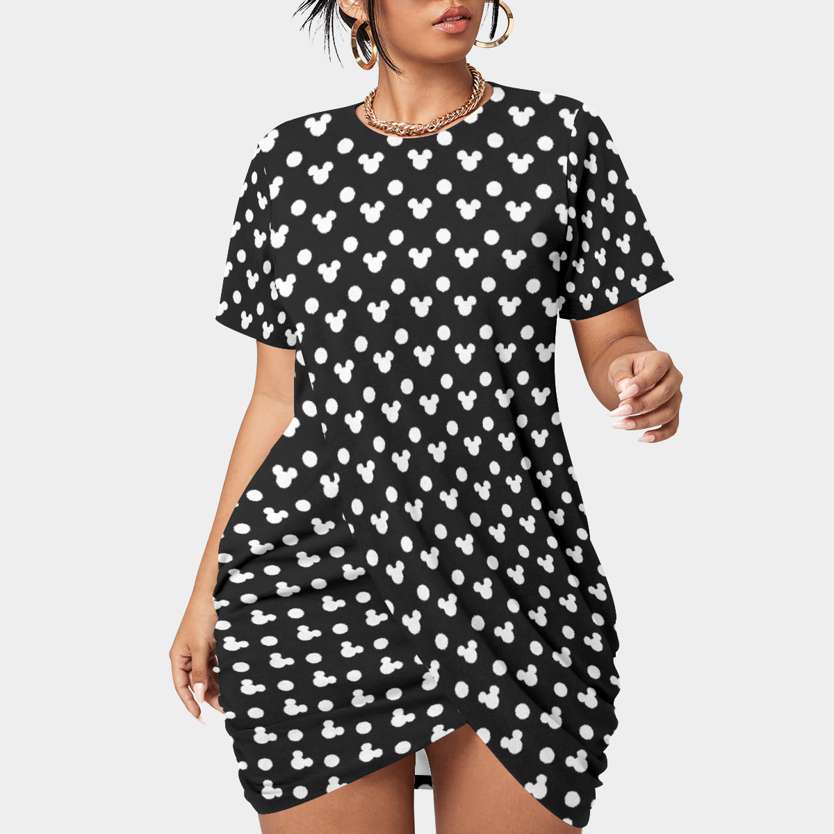 Black With White Mickey Polka Dots Women’s Plus Size Stacked Hem Dress With Short Sleeve