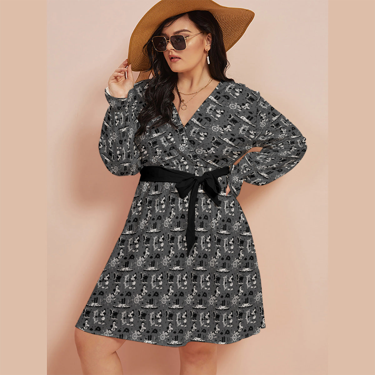 Steamboat Mickey Women's Plus Size V-neck Dress With Waistband