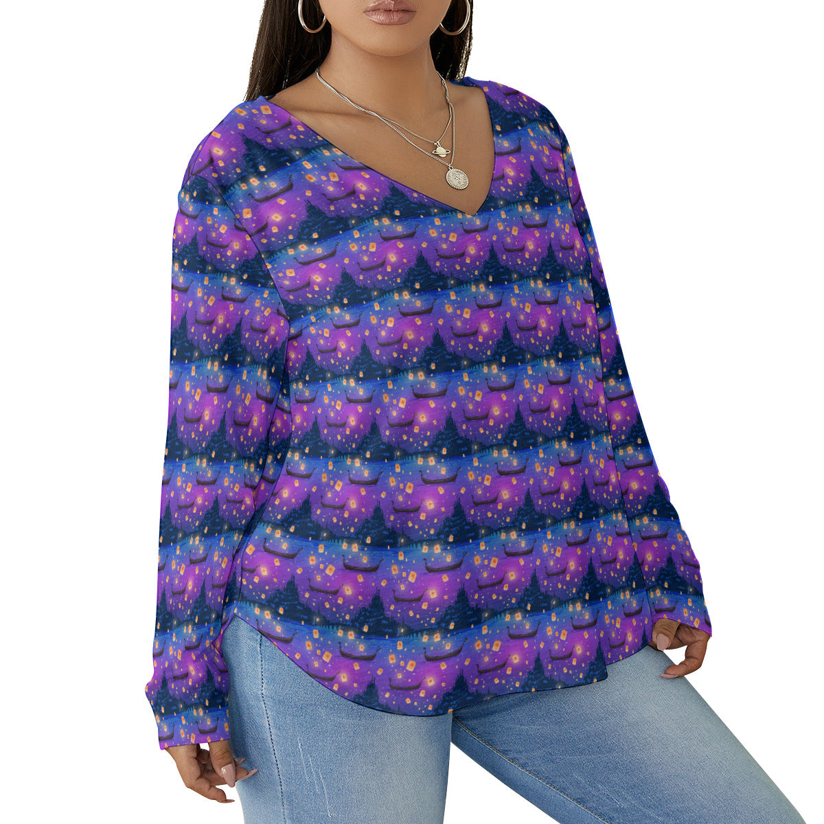 Floating Lanterns Women's Plus Size V-Neck T-Shirt With Curved Hem