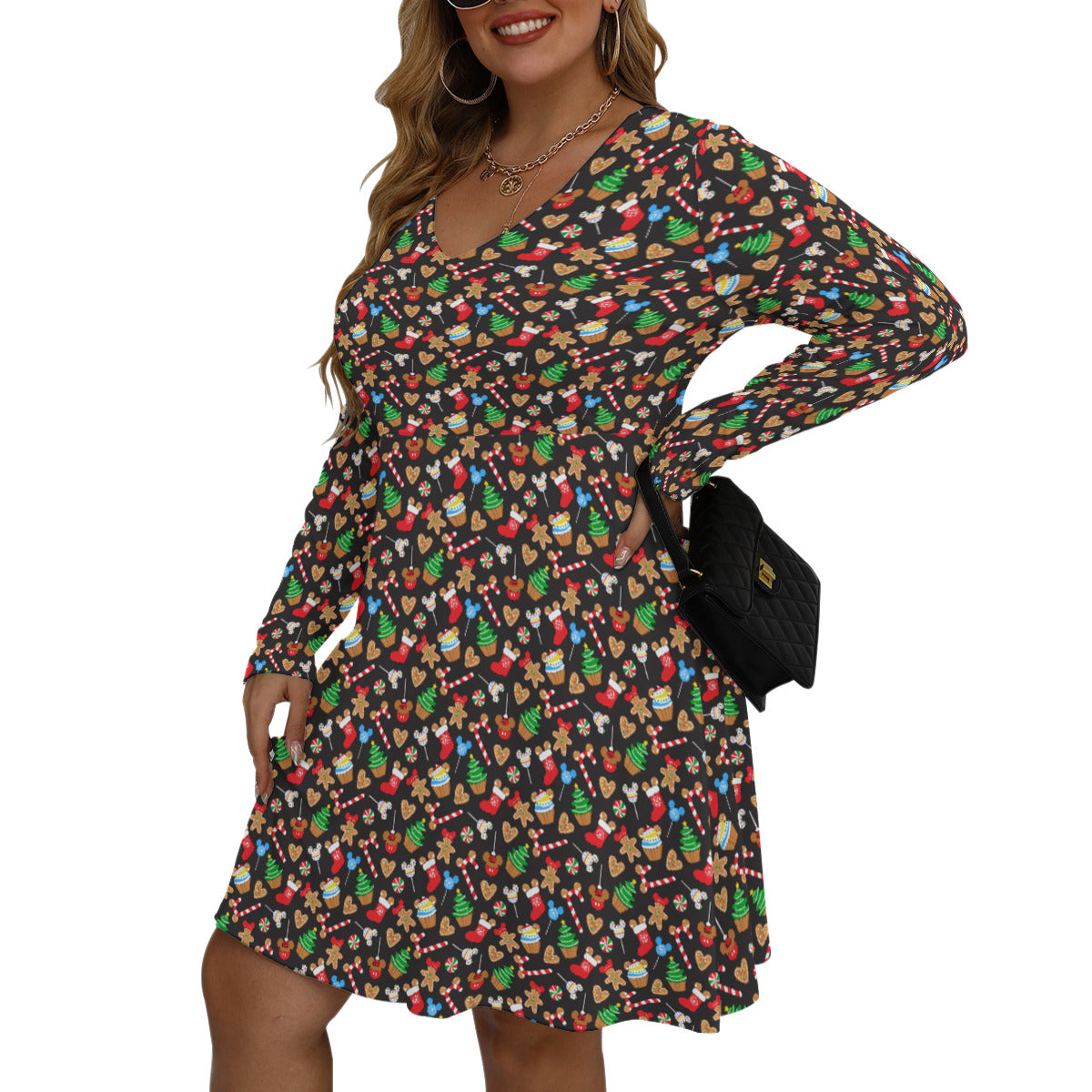 Christmas Snacks Plus Size Women's V-neck Long Sleeve Dress