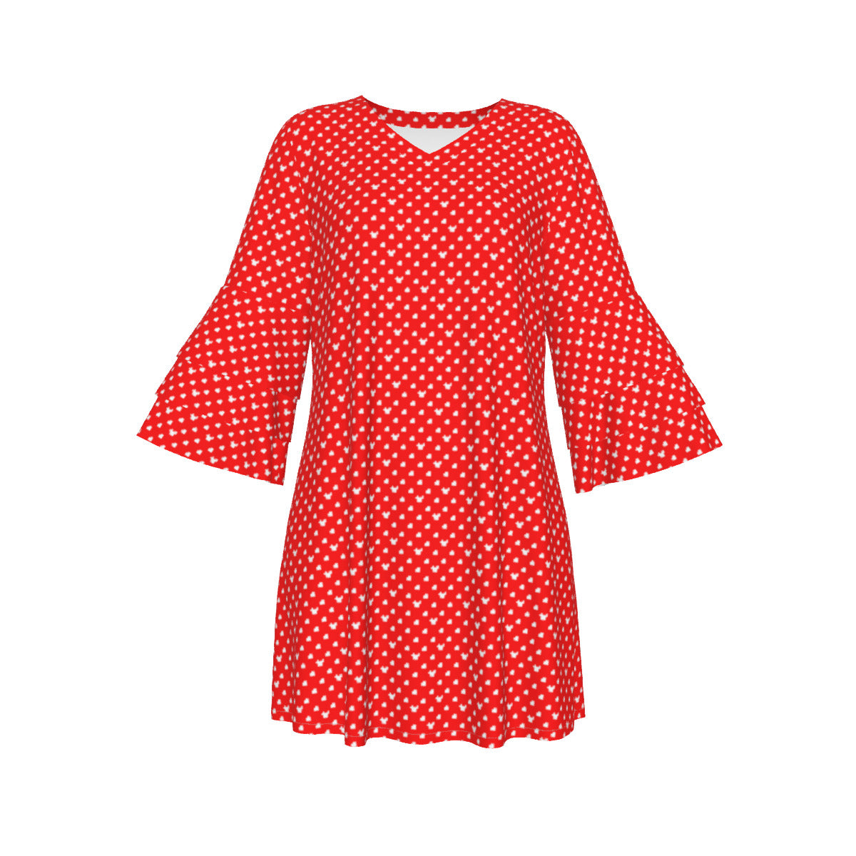 Red With White Mickey Polka Dots Women's Stacked Ruffle Sleeve Dress