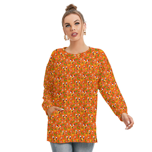 Orange Bird Women's Side Split O-neck Sweatshirt With Pockets