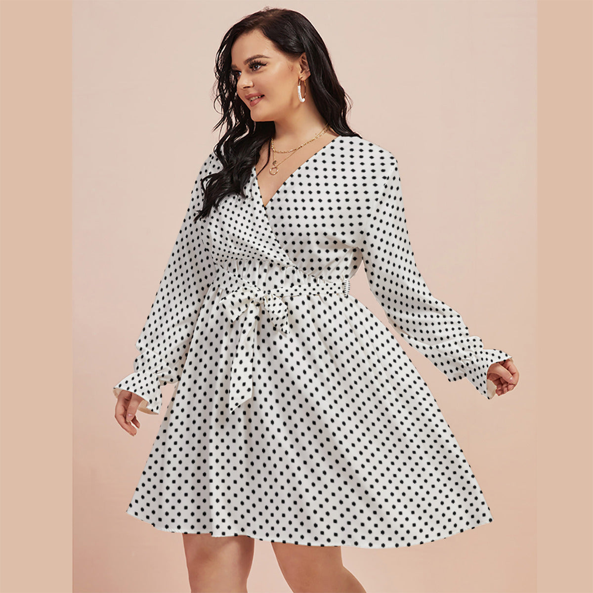 White With Black Polka Dots Women's Plus Size V-neck Dress With Waistband