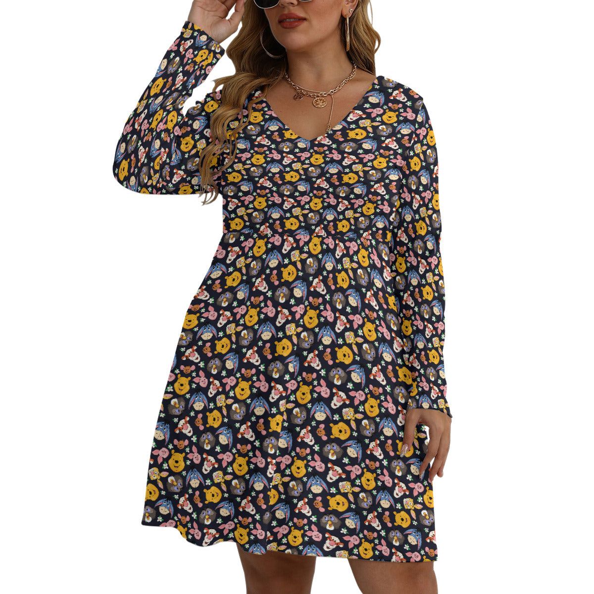 Hundred Acre Wood Friends Plus Size Women's V-neck Long Sleeve Dress