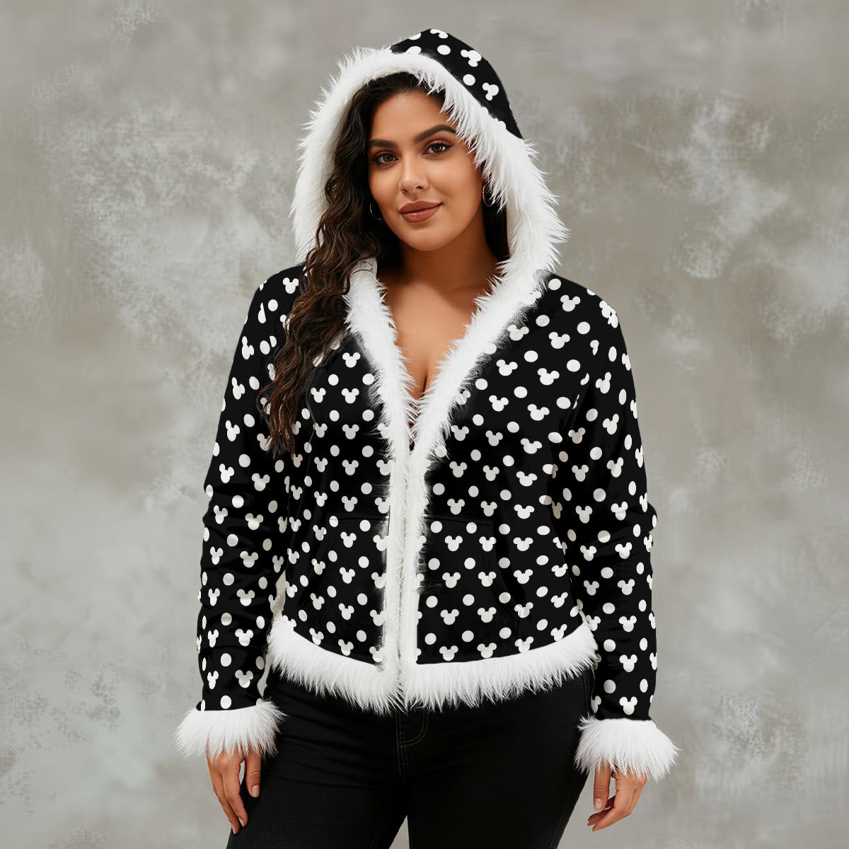 Black With White Polka Dots Women's Faux Fur Trim Hooded Jacket