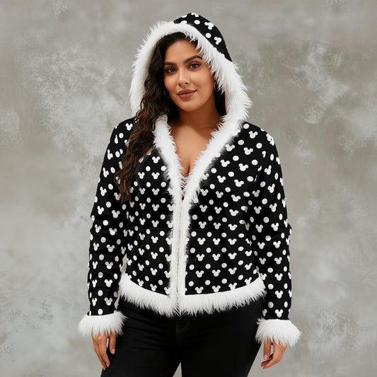 Black With White Polka Dots Women's Faux Fur Trim Hooded Jacket