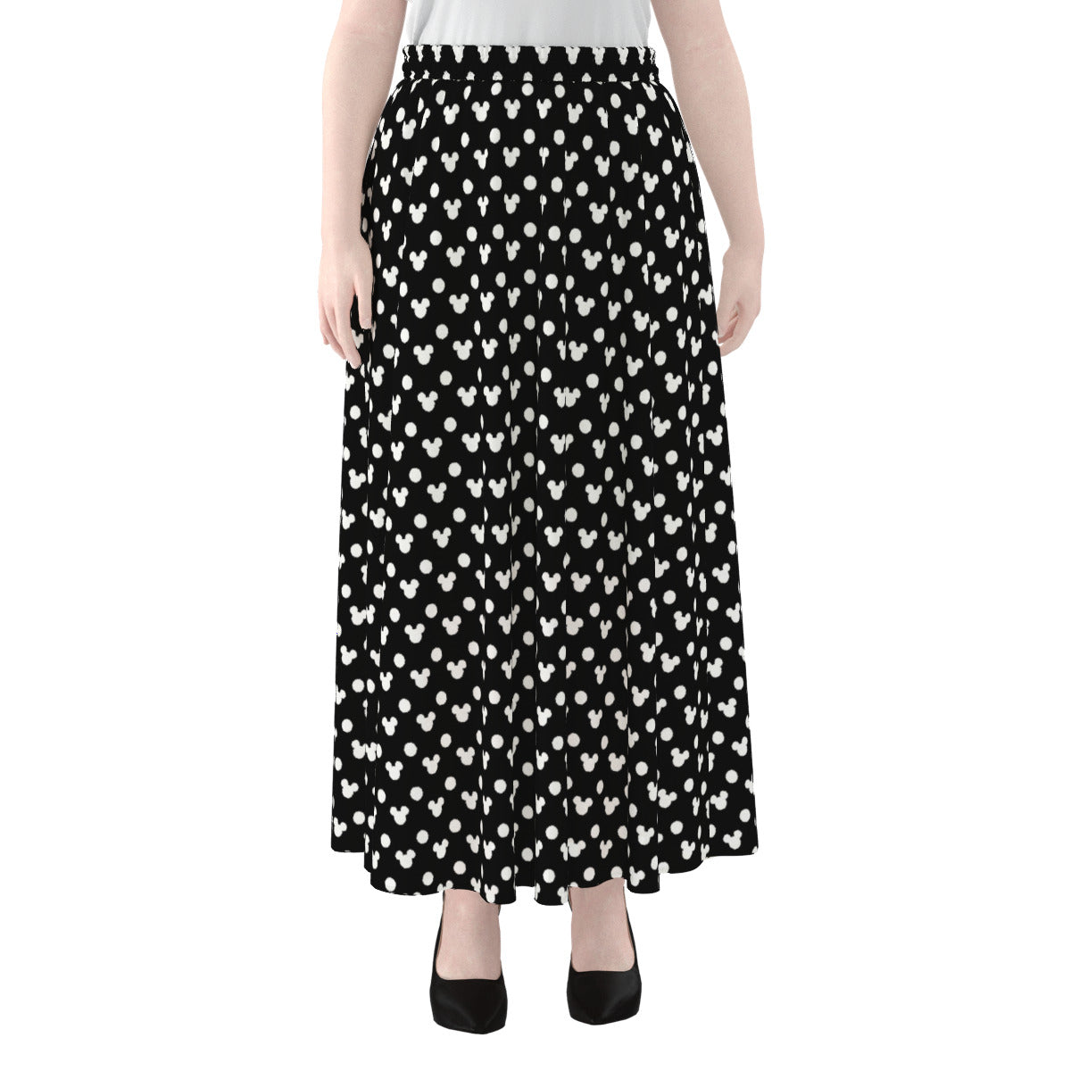 Black With White Mickey Polka Dots Women's Maxi Chiffon Skirt