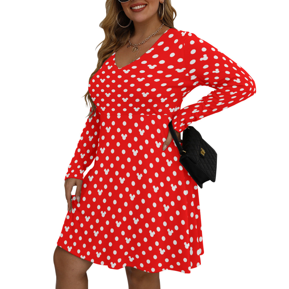 Red With White Mickey Polka Dots Plus Size Women's V-neck Long Sleeve Dress