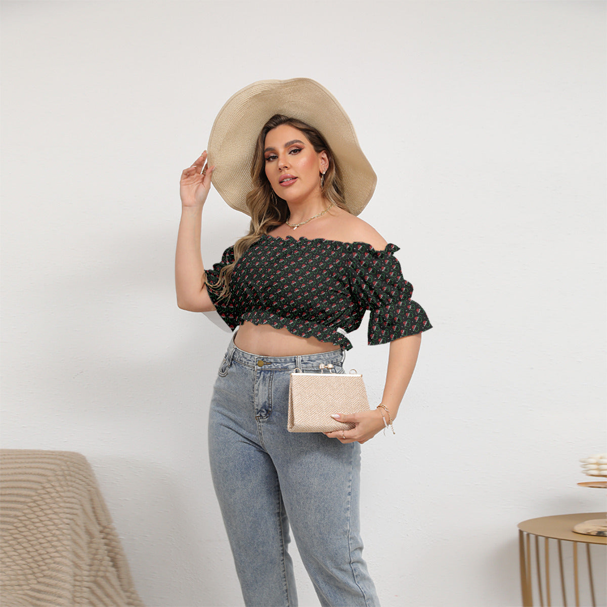 Christmas Women's Off-Shoulder Cropped Top With Short Puff Sleeve