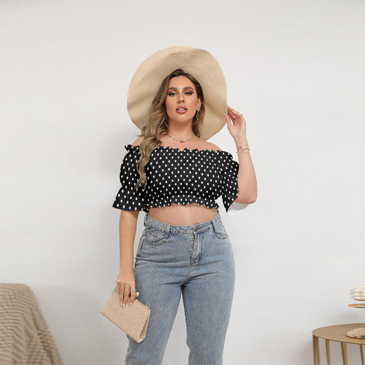 Black With White Polka Dots Women's Off-Shoulder Cropped Top With Short Puff Sleeve