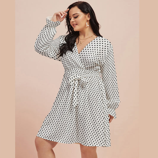 White With Black Polka Dots Women's Plus Size V-neck Dress With Waistband