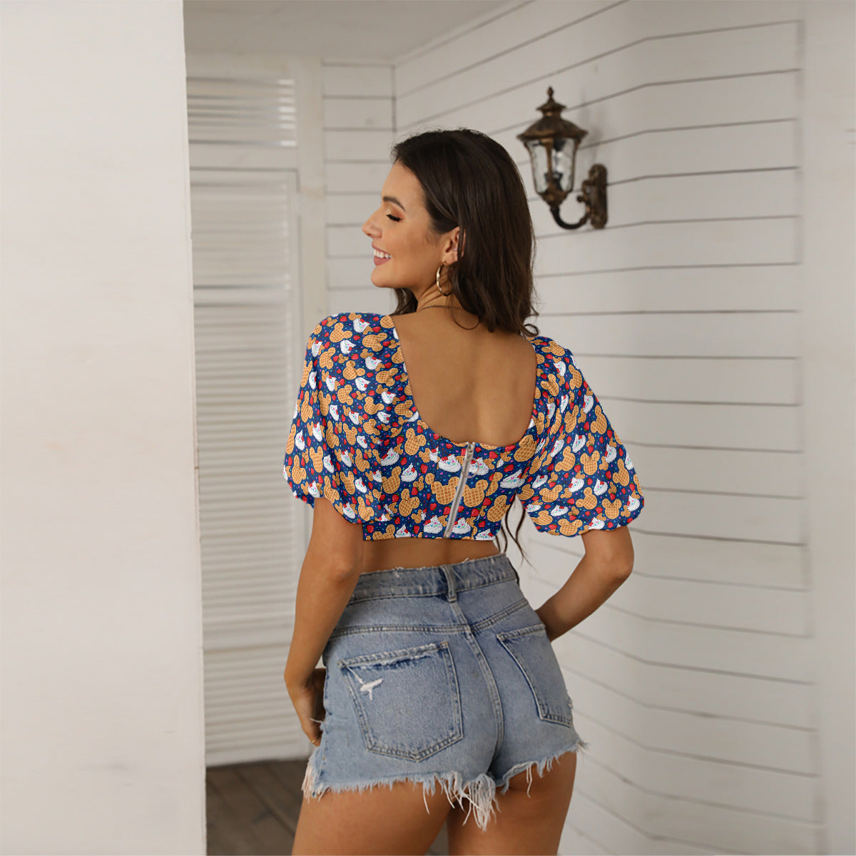 Waffles Women's Square Collar Cropped Top With Puff Sleeve