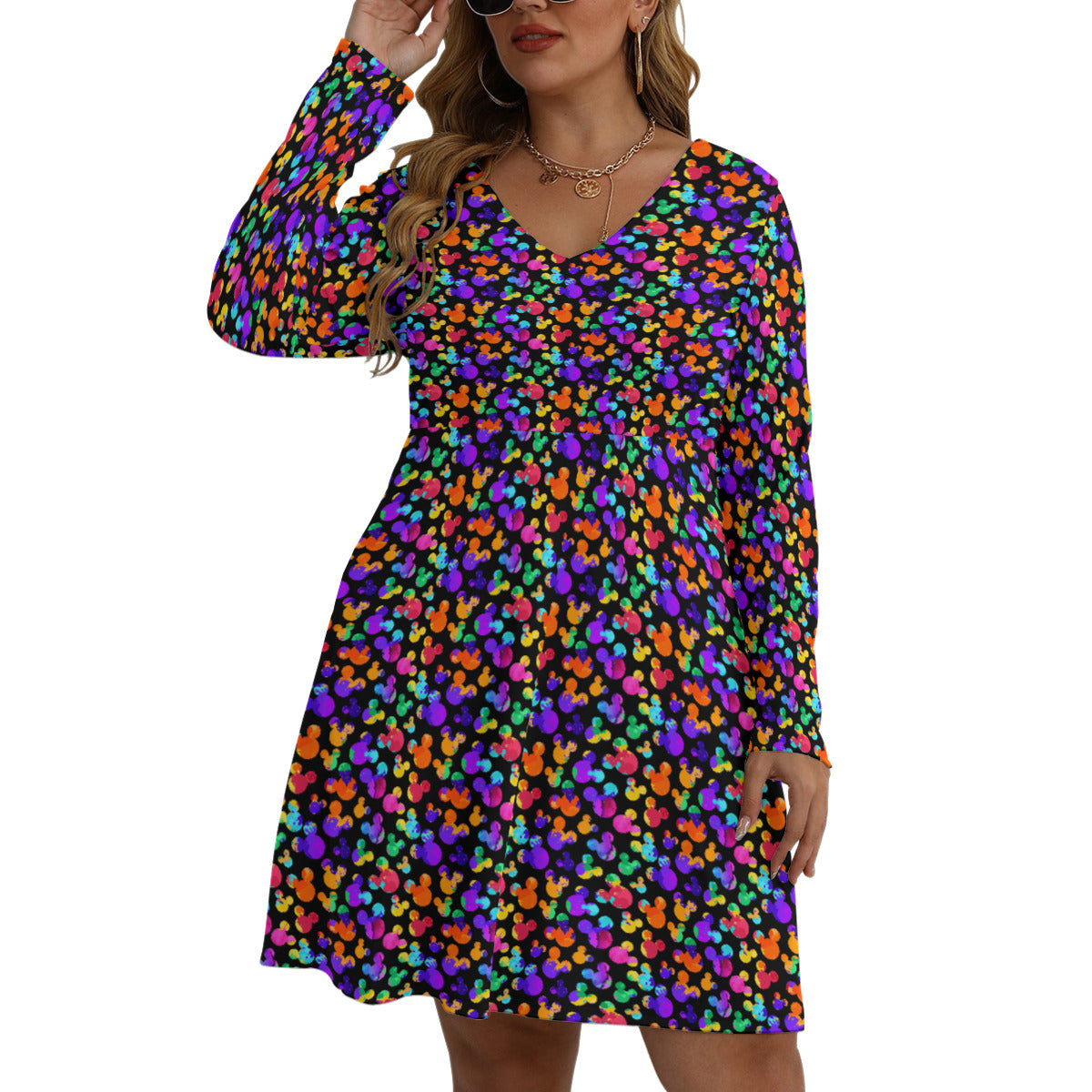 Watercolor Plus Size Women's V-neck Long Sleeve Dress