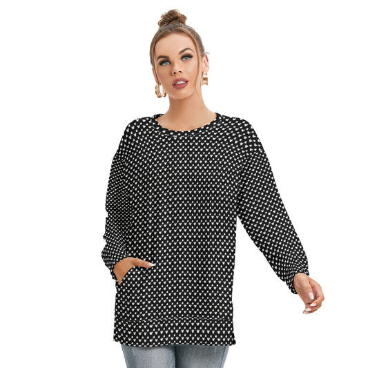 Black With White Mickey Polka Dots Women's Side Split O-neck Sweatshirt With Pockets