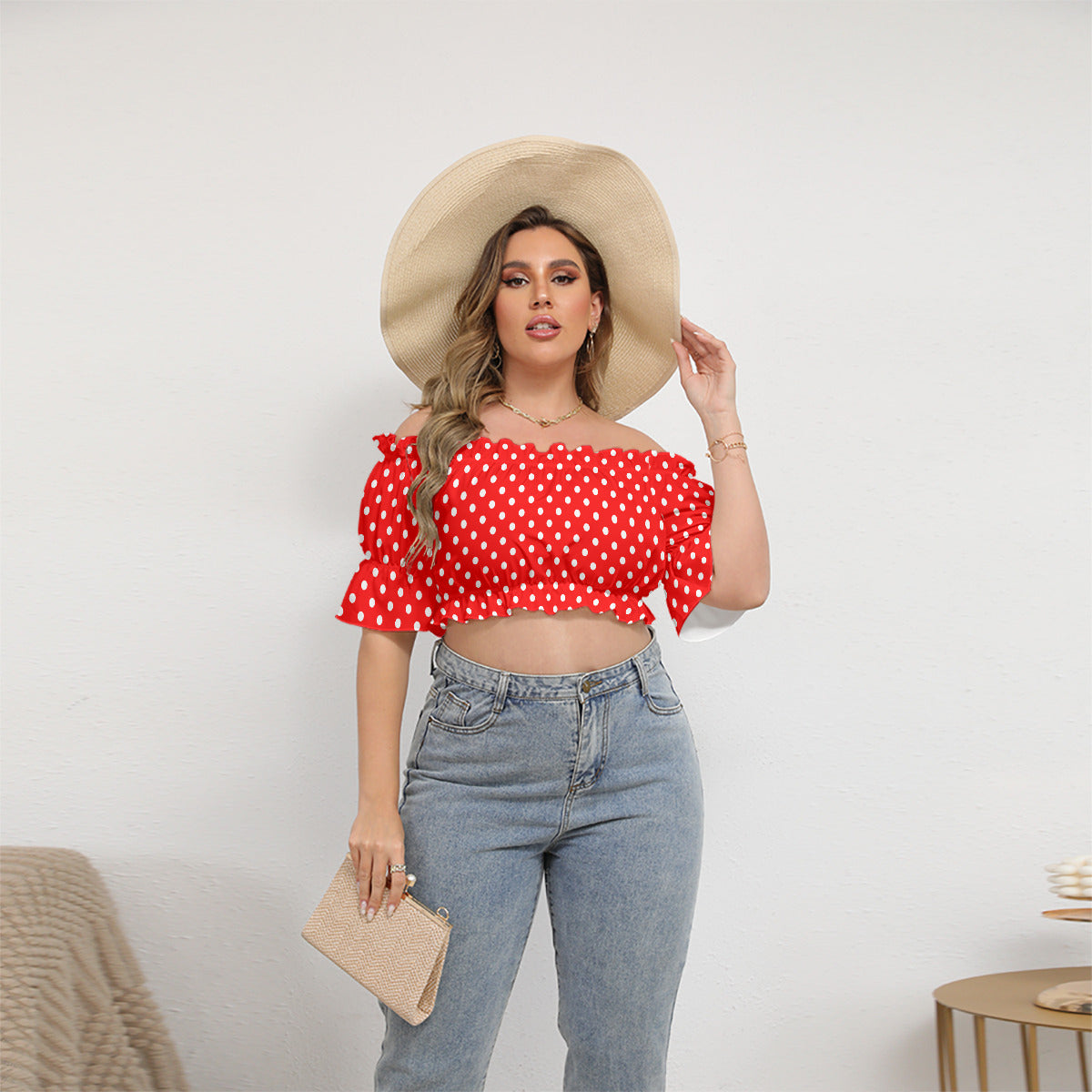 Red With White Polka Dots Women's Off-Shoulder Cropped Top With Short Puff Sleeve