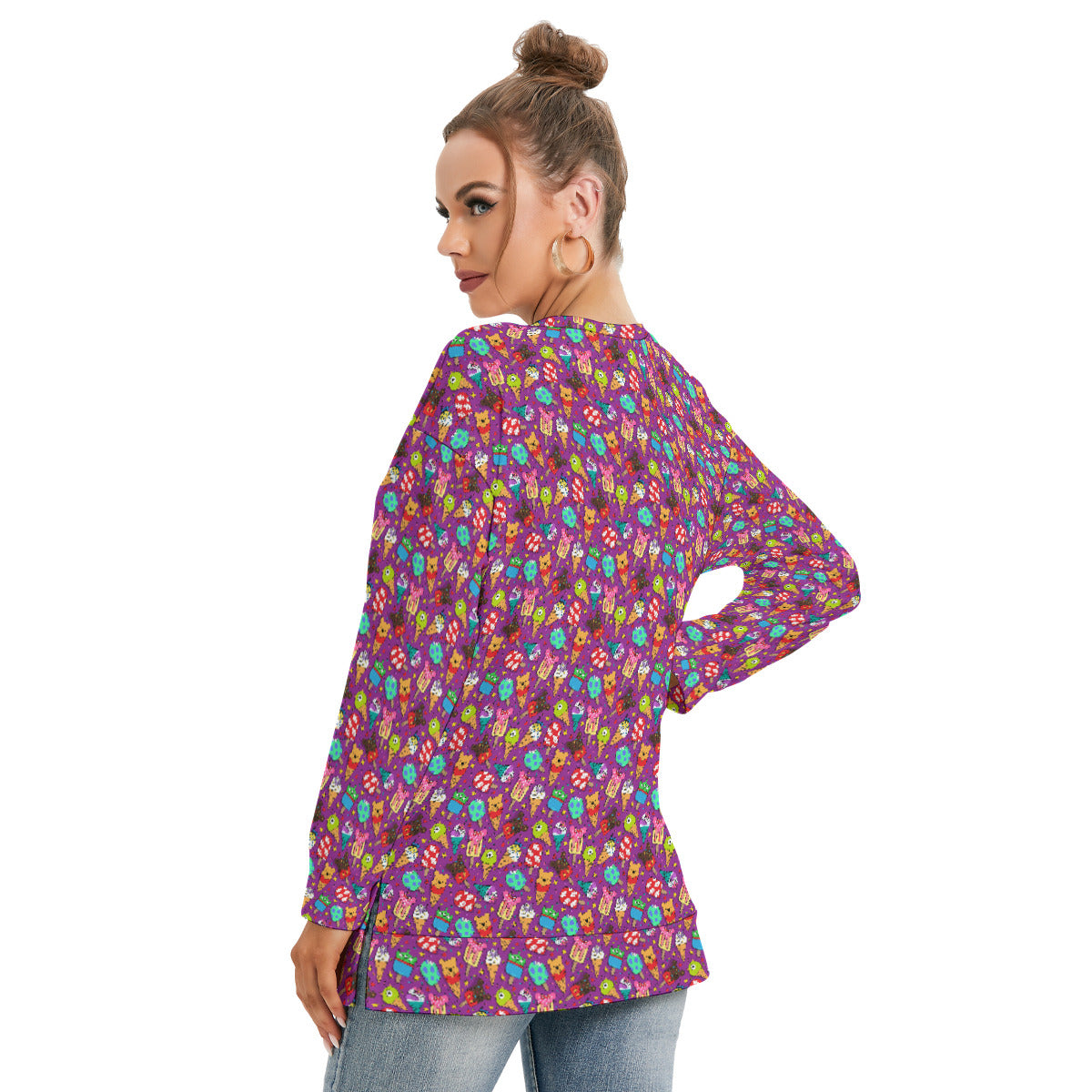 Ice Cream Women's Side Split O-neck Sweatshirt With Pockets