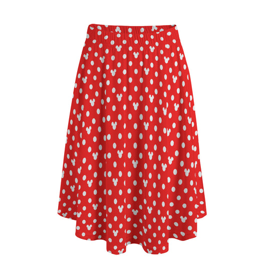 Red With White Mickey Polka Dots Women's Long Maxi Skirt With Pockets