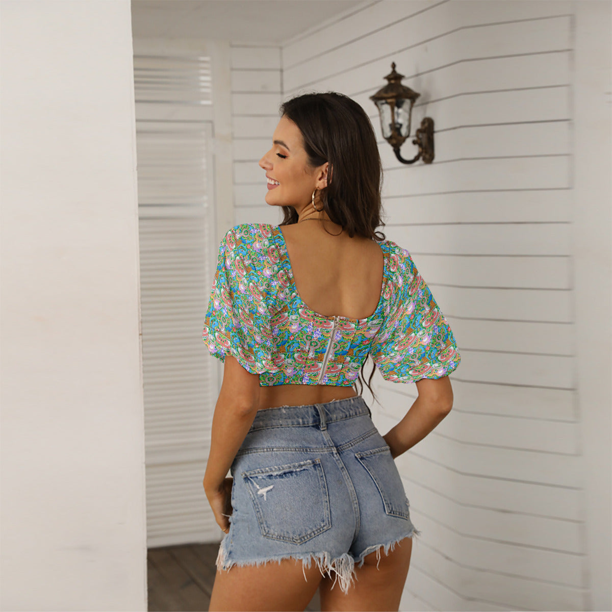 Park Map Women's Square Collar Cropped Top With Puff Sleeve