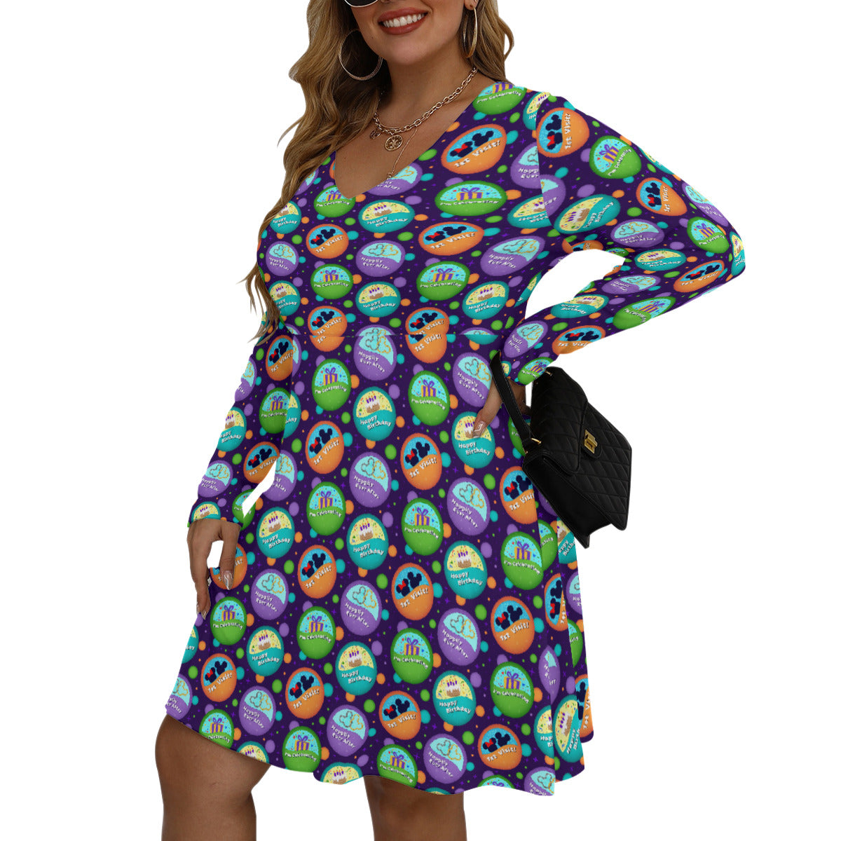 Button Collector Plus Size Women's V-neck Long Sleeve Dress