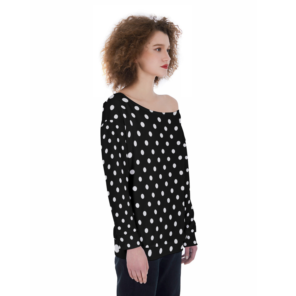 Black With White Polka Dots Oversized Women's Off-Shoulder Sweatshirt