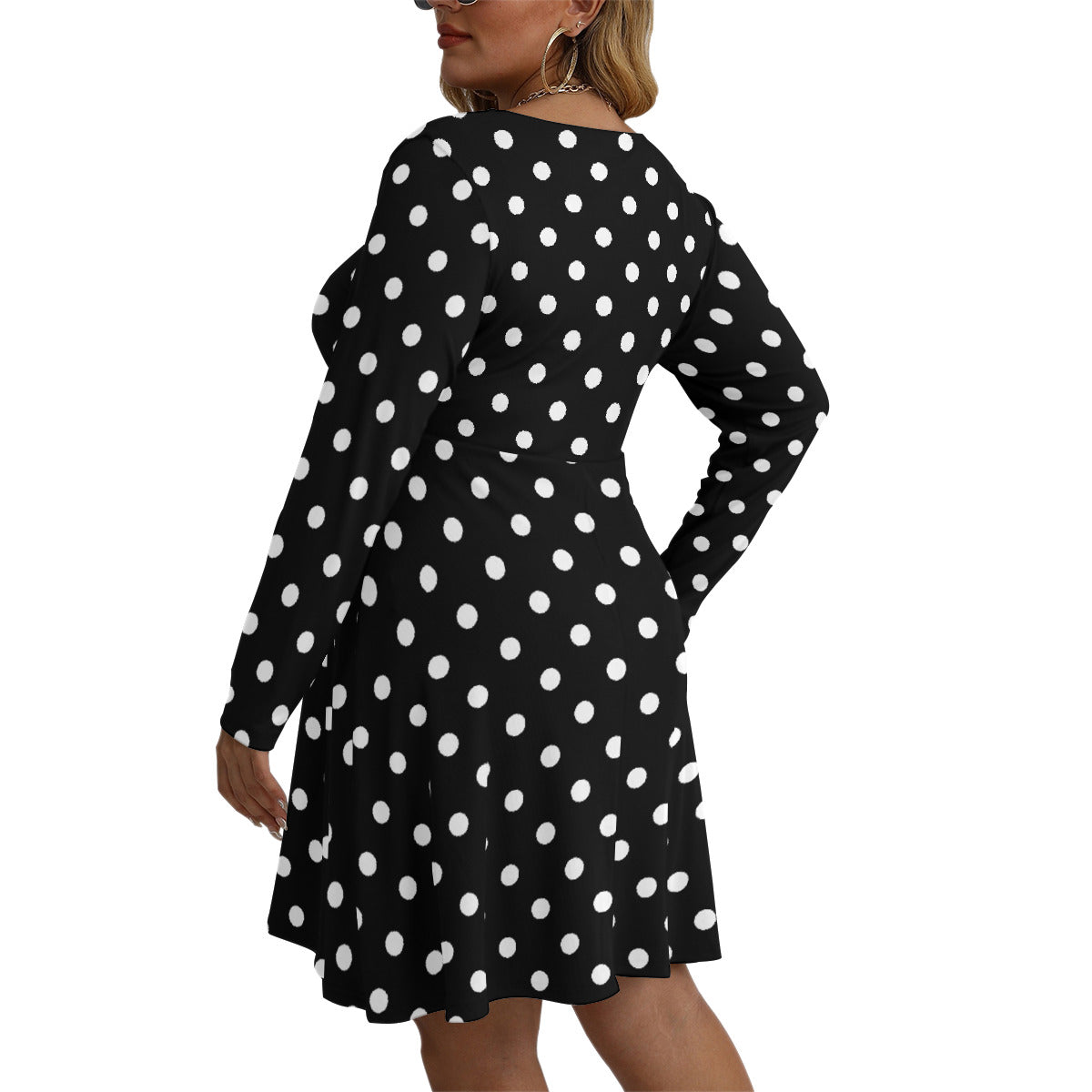 Black With White Polka Dots Plus Size Women's V-neck Long Sleeve Dress