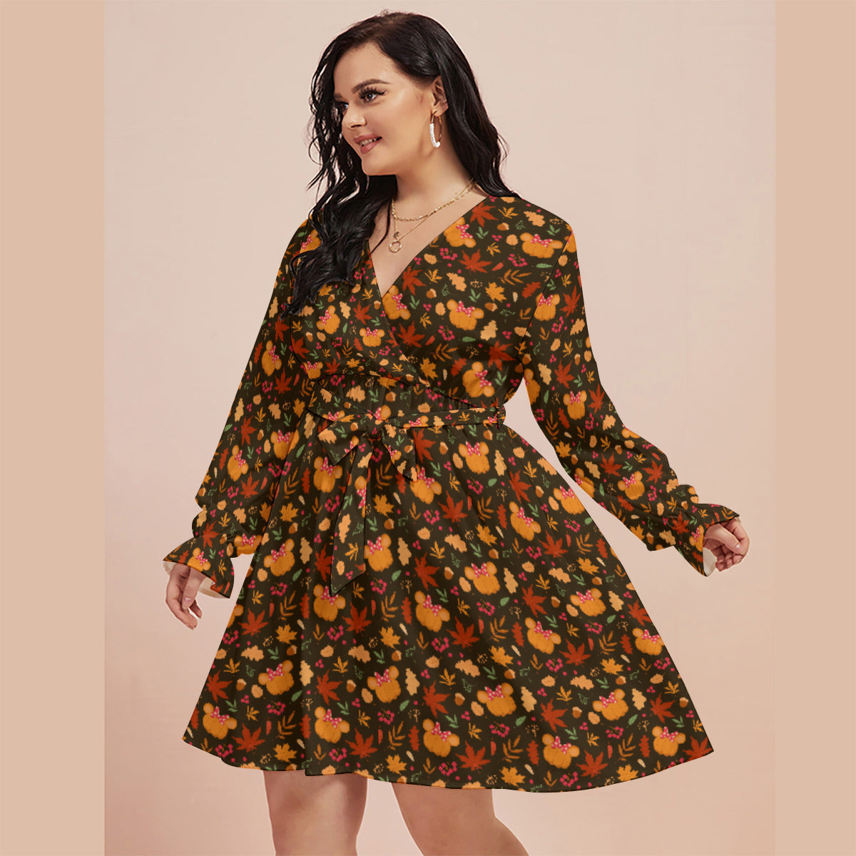 Fall Pumpkins Women's Plus Size V-neck Dress With Waistband