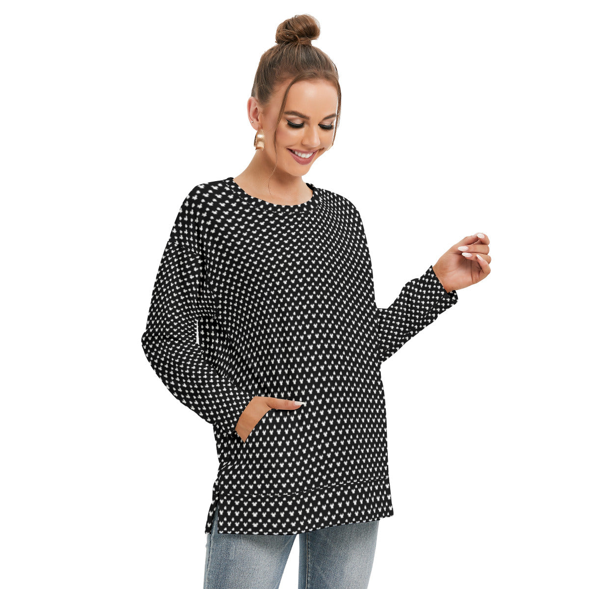 Black With White Mickey Polka Dots Women's Side Split O-neck Sweatshirt With Pockets