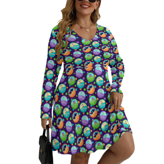 Button Collector Plus Size Women's V-neck Long Sleeve Dress