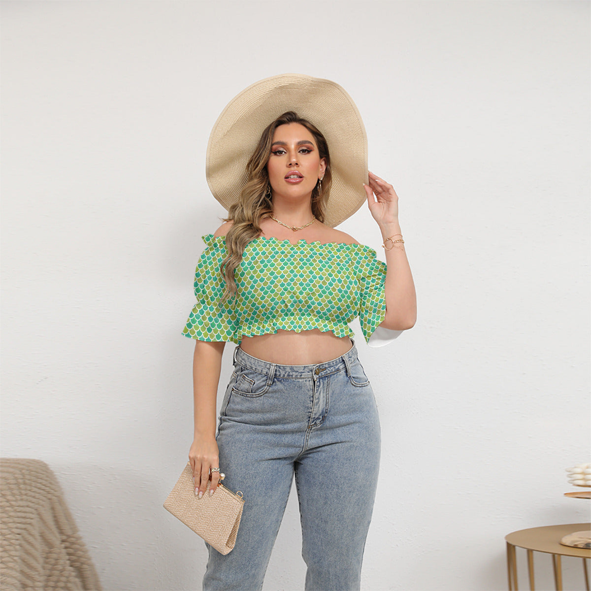 Mermaid Scales Women's Off-Shoulder Cropped Top With Short Puff Sleeve