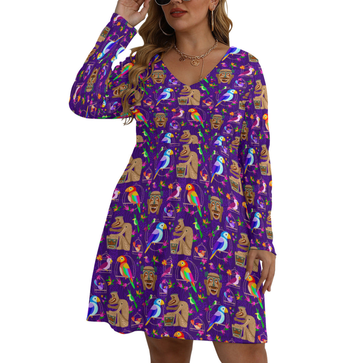 Tiki Plays The Drums Plus Size Women's V-neck Long Sleeve Dress