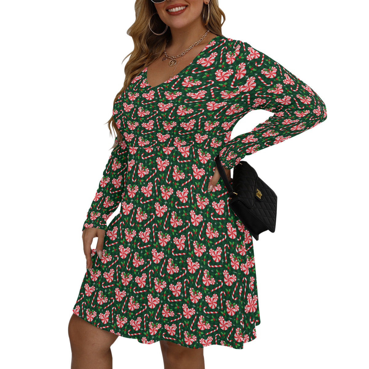 Christmas Peppermint Plus Size Women's V-neck Long Sleeve Dress