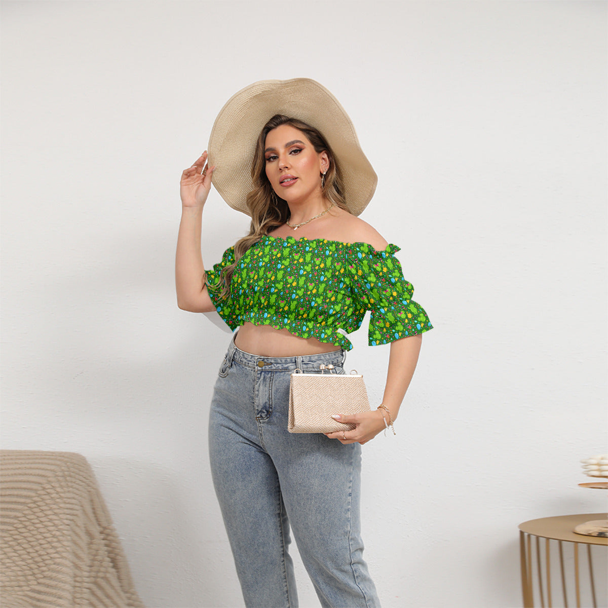 Flower And Garden Women's Off-Shoulder Cropped Top With Short Puff Sleeve