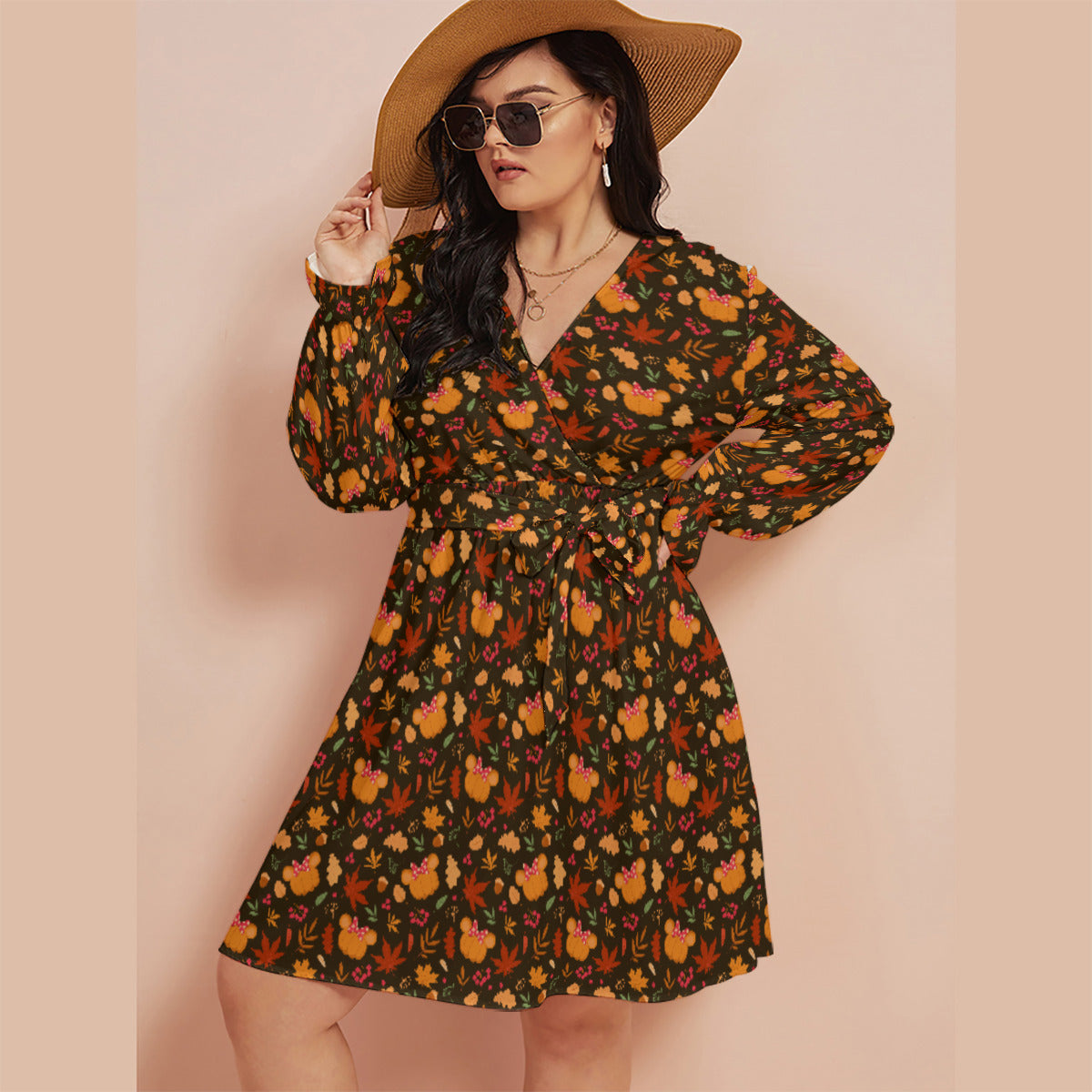 Fall Pumpkins Women's Plus Size V-neck Dress With Waistband