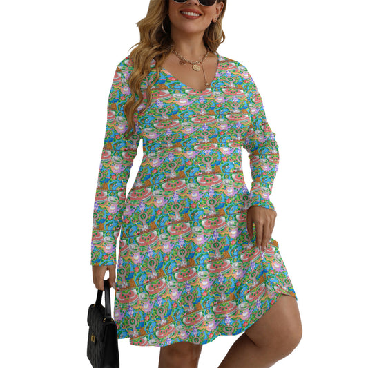 Park Map Plus Size Women's V-neck Long Sleeve Dress