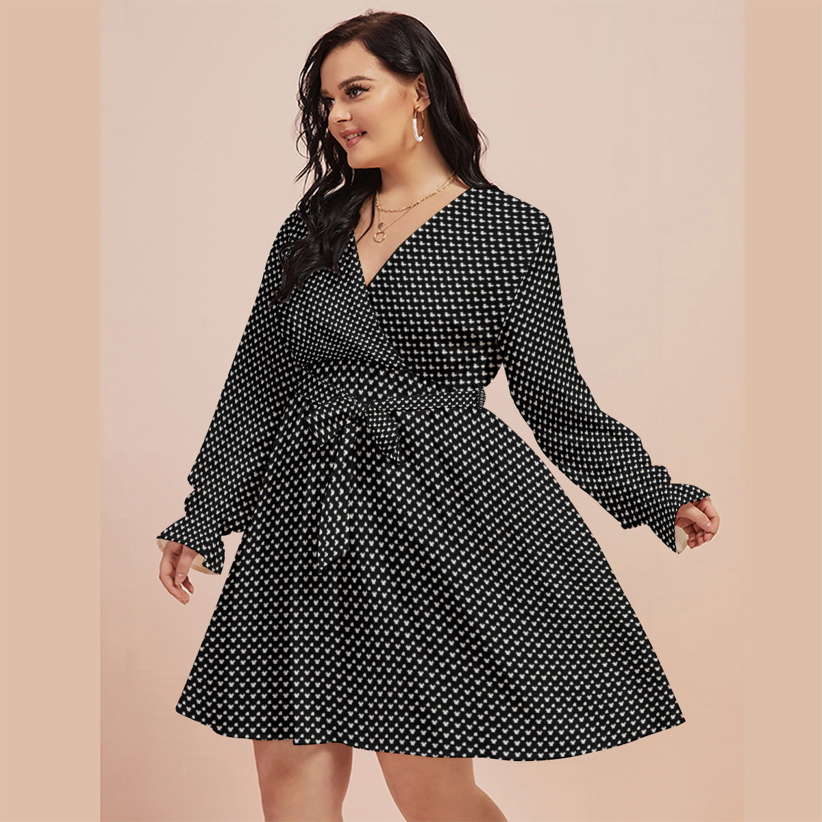 Black With White Mickey Polka Dots Women's Plus Size V-neck Dress With Waistband